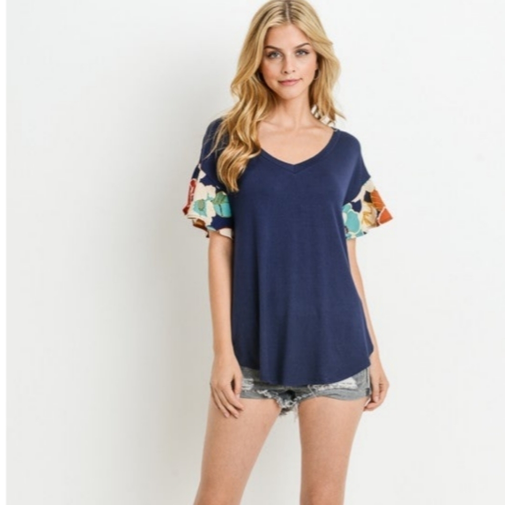 MAI SOLI Blue Short Sleeve V-neck Sheer Floral Contrast Top Size 1XL NWT